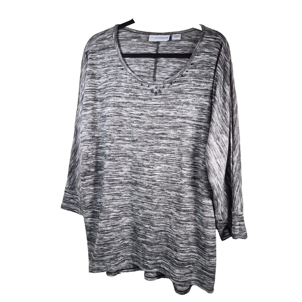 Sag Harbor Women XL Space Dye Top Black White Embellished Scoop Neck 3/4 Sleeve